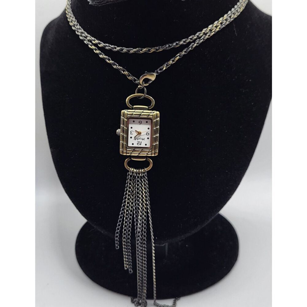 Vintage Mudd Square Pocketwatch Style Necklace with Fringe Base 28 in